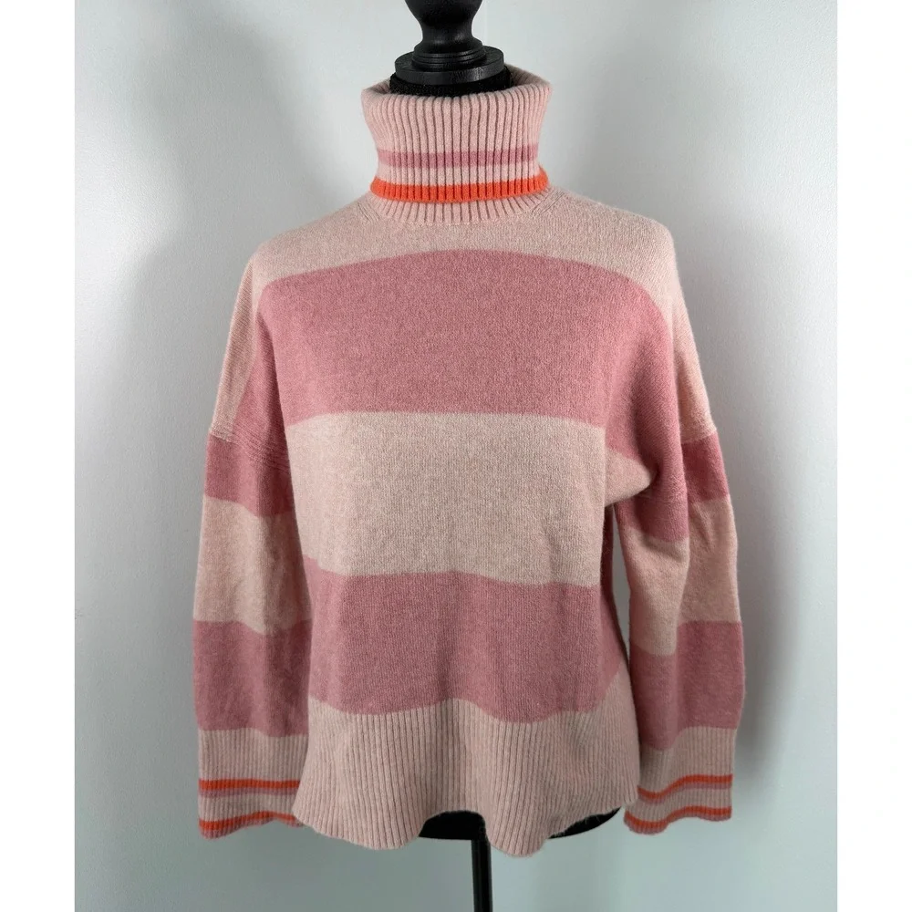 J.Crew Pink Striped Supersoft Yarn Turtleneck Sweater Merino Wool S Coquette
